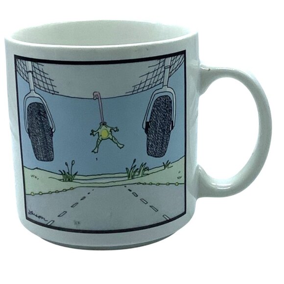 Vtg The Far Side Gary Larson Mug Cup 1984 Cartoon Frog Hanging Under Airplane - Picture 1 of 6